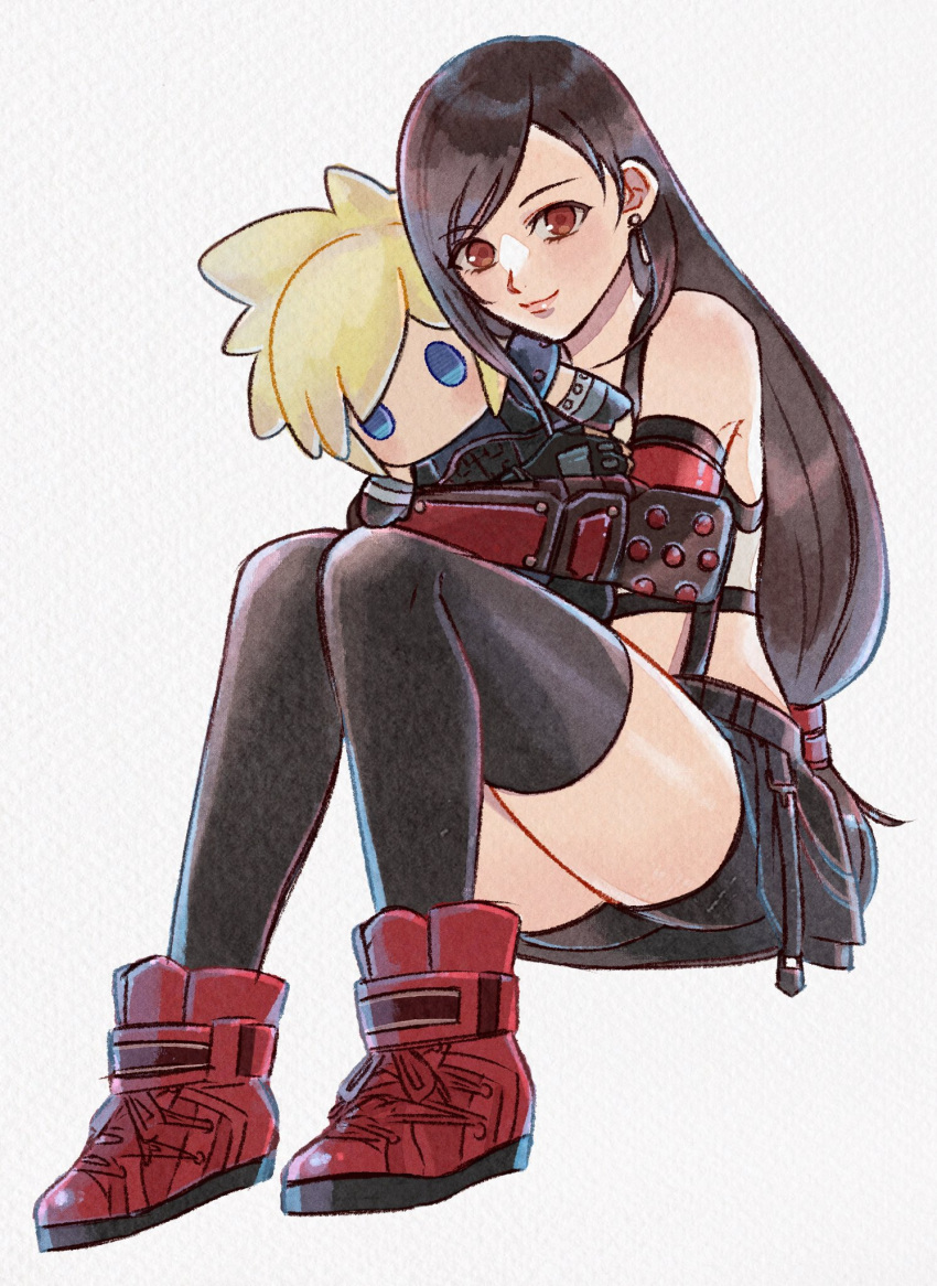 1girl bare_shoulders bike_shorts_under_skirt black_gloves black_hair black_skirt black_thighhighs blonde_hair blue_eyes boots character_doll closed_mouth cloud_strife collarbone commentary_request crop_top earrings elbow_gloves final_fantasy final_fantasy_vii final_fantasy_vii_rebirth final_fantasy_vii_remake full_body gloves grey_background highres hugging_doll hugging_object invisible_chair jewelry lips long_hair looking_at_viewer low-tied_long_hair midriff pleated_skirt red_eyes red_footwear rena_s1226 single_arm_guard single_earring sitting skirt smile suspender_skirt suspenders swept_bangs tank_top thighhighs tifa_lockhart white_tank_top