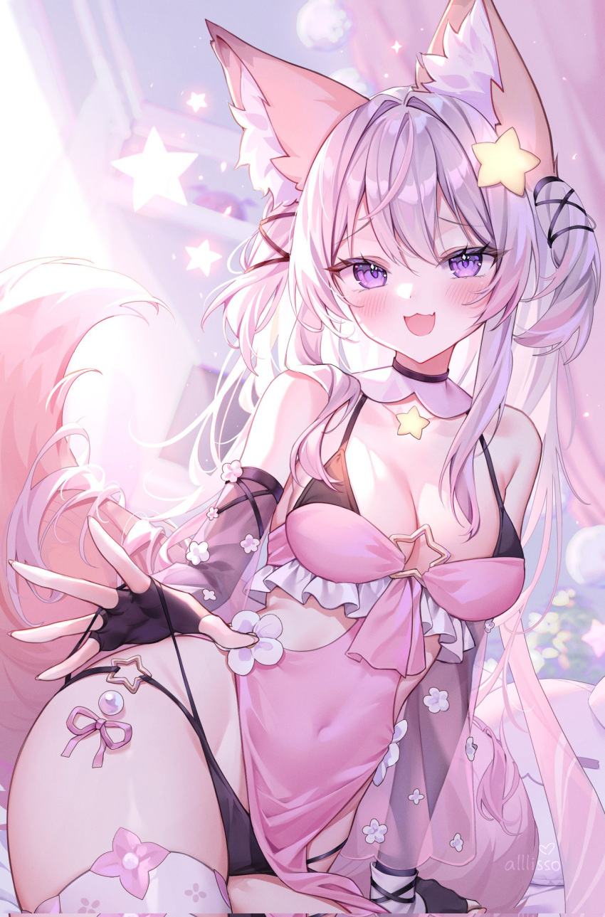 1girl :3 alllisso animal_ear_fluff animal_ears annytf bare_shoulders black_gloves black_panties breasts cleavage clothing_cutout covered_navel detached_collar detached_sleeves dress elbow_gloves fingerless_gloves fox_ears fox_girl fox_tail frilled_dress frills gloves hair_ornament highres indie_virtual_youtuber long_hair long_sleeves looking_at_viewer medium_breasts multi-strapped_panties open_mouth panties pelvic_curtain pink_dress purple_eyes revealing_clothes see-through see-through_sleeves short_dress side_cutout sitting sleeveless sleeveless_dress smile solo spaghetti_strap star_(symbol) string_panties tail thighhighs two_side_up underwear very_long_hair virtual_youtuber white_hair