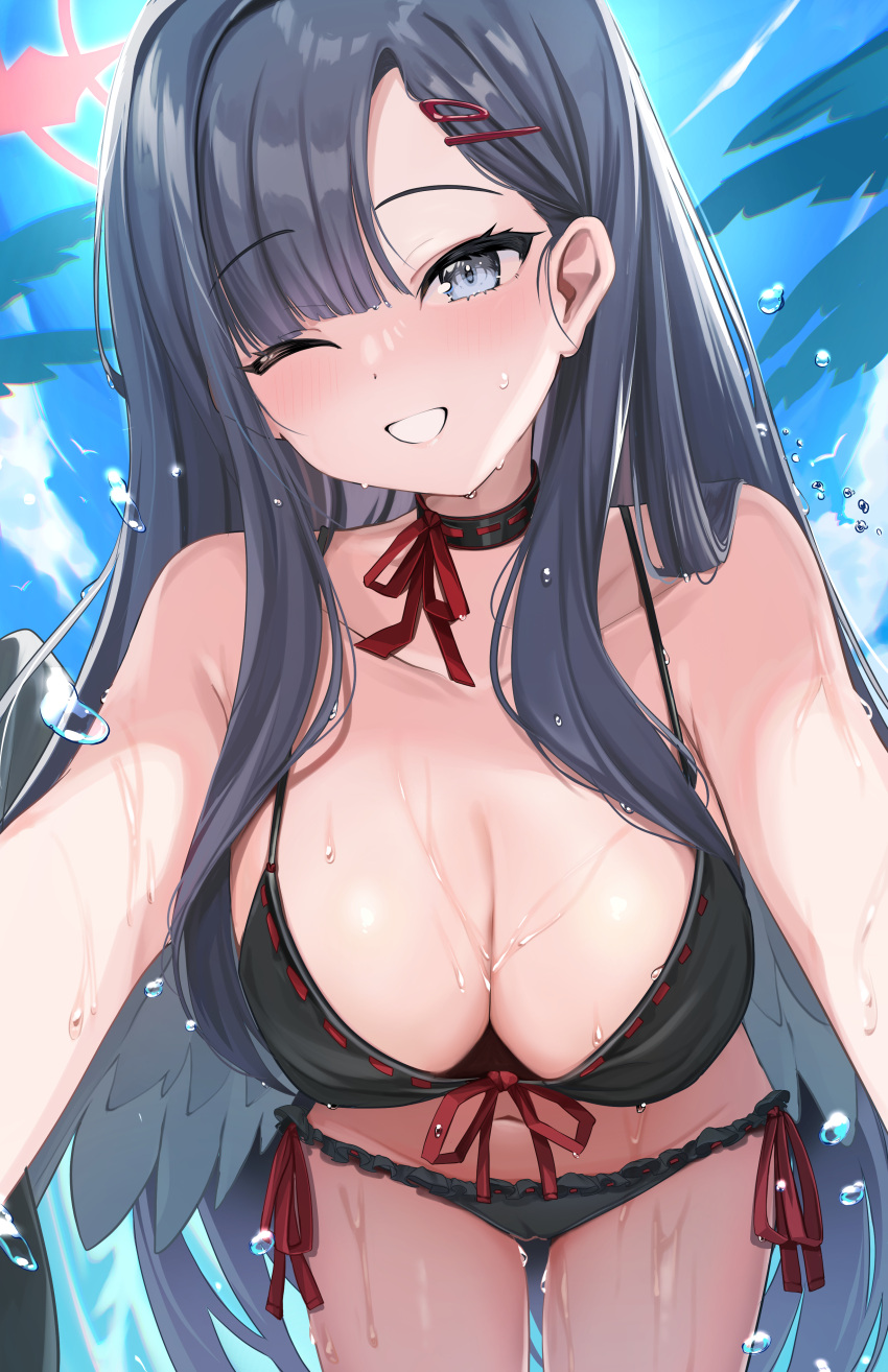 1girl absurdres baba_kirika bare_arms bare_legs bare_shoulders bikini black_bikini black_hair black_wings blue_archive blush breasts cleavage collarbone cowboy_shot feathered_wings grey_eyes grin hair_ornament hairclip halo highres ichika_(blue_archive) large_breasts long_hair looking_at_viewer one_eye_closed red_halo smile solo swimsuit water_drop wet wings