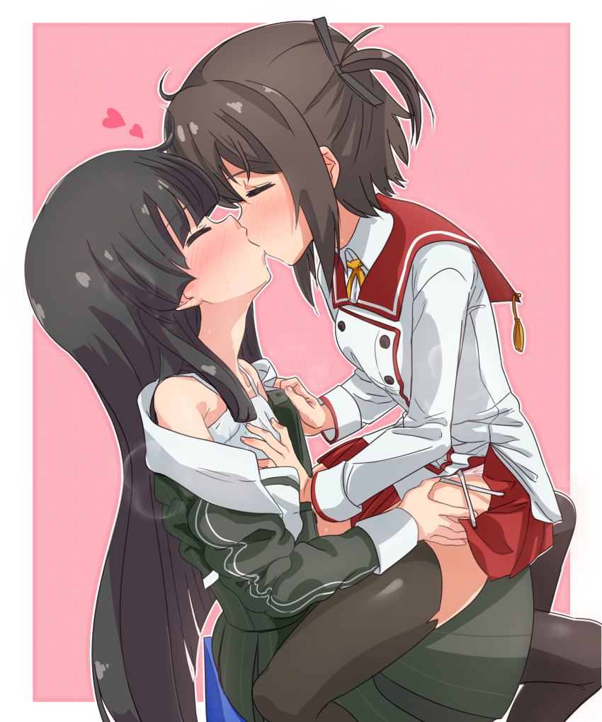 2girls absurdres black_hair blush brown_hair brown_pantyhose brown_thighhighs camisole closed_eyes clothes_lift clothes_pull cross-laced_slit etou_kanami grabbing grabbing_another's_breast green_shirt green_skirt heart heijou_institute_school_uniform highres juujou_hiyori kiss long_hair long_sleeves mashitono_desu minoseki_gakuin_uniform multiple_girls nose_blush one_side_up pantyhose pink_background red_sailor_collar red_skirt sailor_collar school_uniform shirt shirt_pull short_hair side_slit sitting sitting_on_lap sitting_on_person skirt skirt_lift thigh_grab thighhighs toji_no_miko very_long_hair white_camisole white_shirt yuri