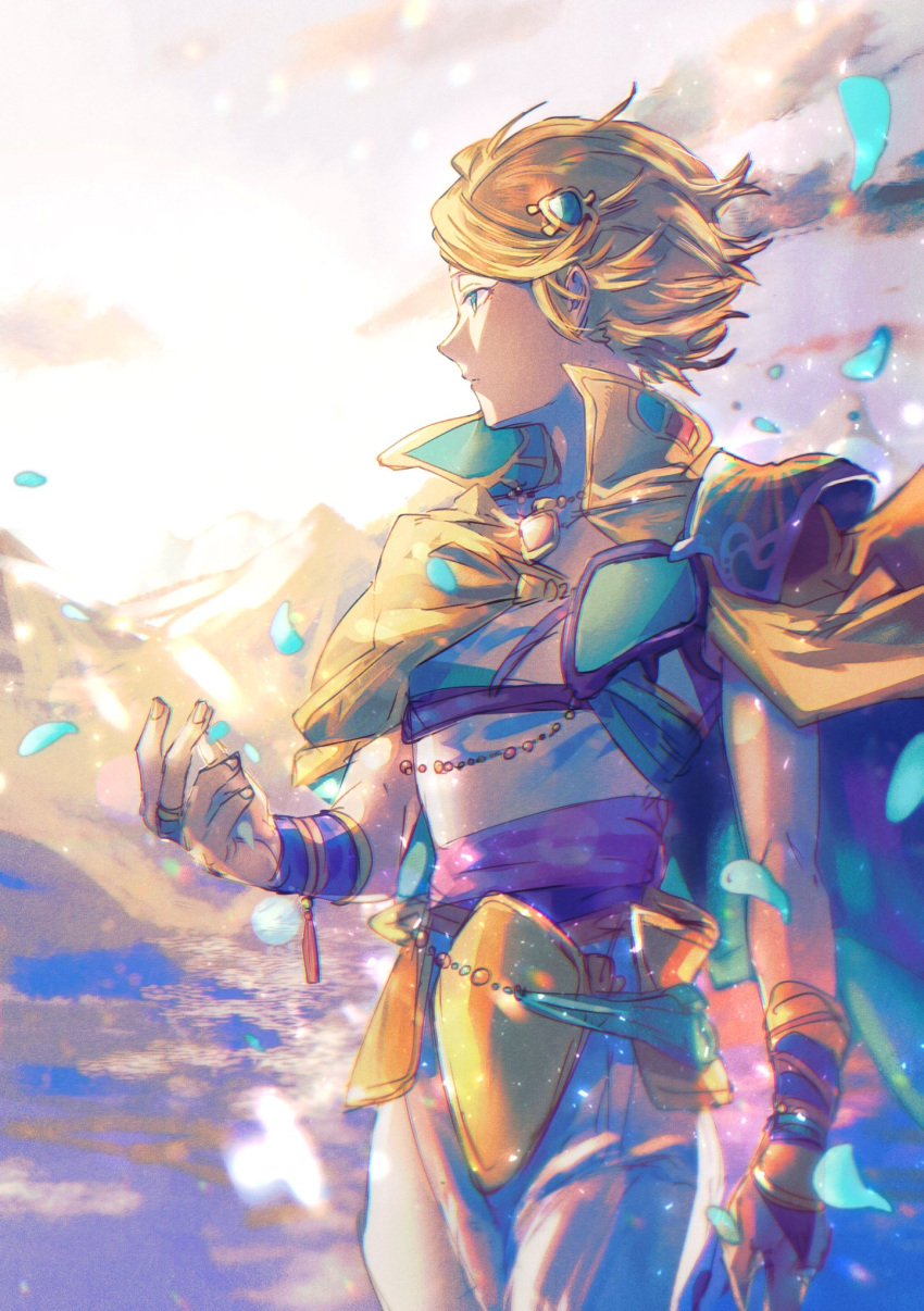 1boy albert_(romancing_saga) blonde_hair blue_eyes cape closed_mouth highres male_focus miyama_(lacrima01) mountain outdoors petals romancing_saga_minstrel_song saga short_hair solo