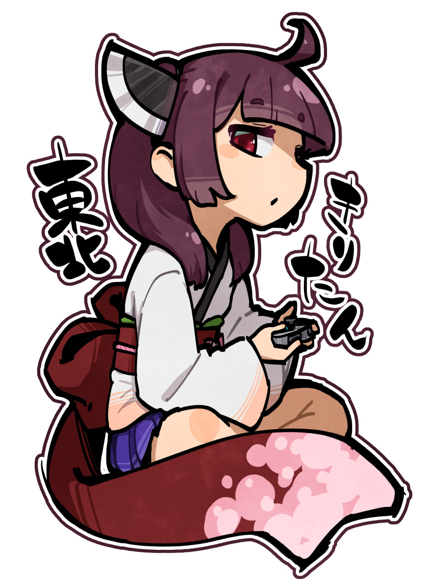 1girl absurdres ahoge blunt_bangs blush_stickers brown_hair brown_outline character_name controller from_side hair_over_shoulder highres holding holding_controller indian_style japanese_clothes kimono kuron_(uhhr2odhrppc5nw) long_sleeves looking_at_viewer looking_to_the_side medium_hair miniskirt obi obiage obijime outline pleated_skirt profile purple_skirt red_eyes red_sash sash short_kimono sitting skirt solo touhoku_kiritan transparent_background twintails voiceroid white_kimono white_outline