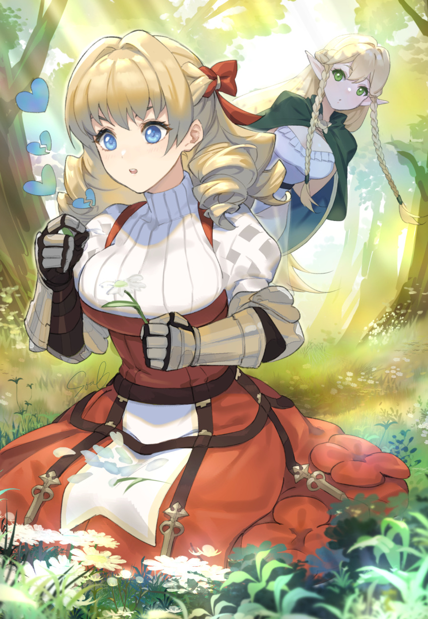 2girls blonde_hair blue_eyes braid cape day dress drill_hair elf eltolinde flower forest gauntlets grass green_cape green_eyes hair_ribbon hands_up highres holding holding_flower juliet_sleeves kneeling leotard long_hair long_sleeves multiple_girls nature ouosoul outdoors pointy_ears puffy_sleeves red_dress red_ribbon ribbed_sweater ribbon scarlett_(unicorn_overlord) standing sweater turtleneck turtleneck_sweater twin_braids unicorn_overlord white_leotard white_sweater