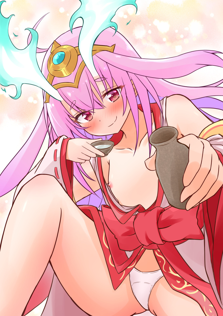 1girl aaru_(r_platinum) absurdres alcohol bottle commission cup drunk duel_monster flaming_horns flat_chest hair_flaps highres kurikara_divincarnate long_hair looking_at_viewer nipple_slip nipples nontraditional_miko panties pink_hair red_eyes sakazuki sake sake_bottle skeb_commission smile solo underwear white_panties yu-gi-oh!