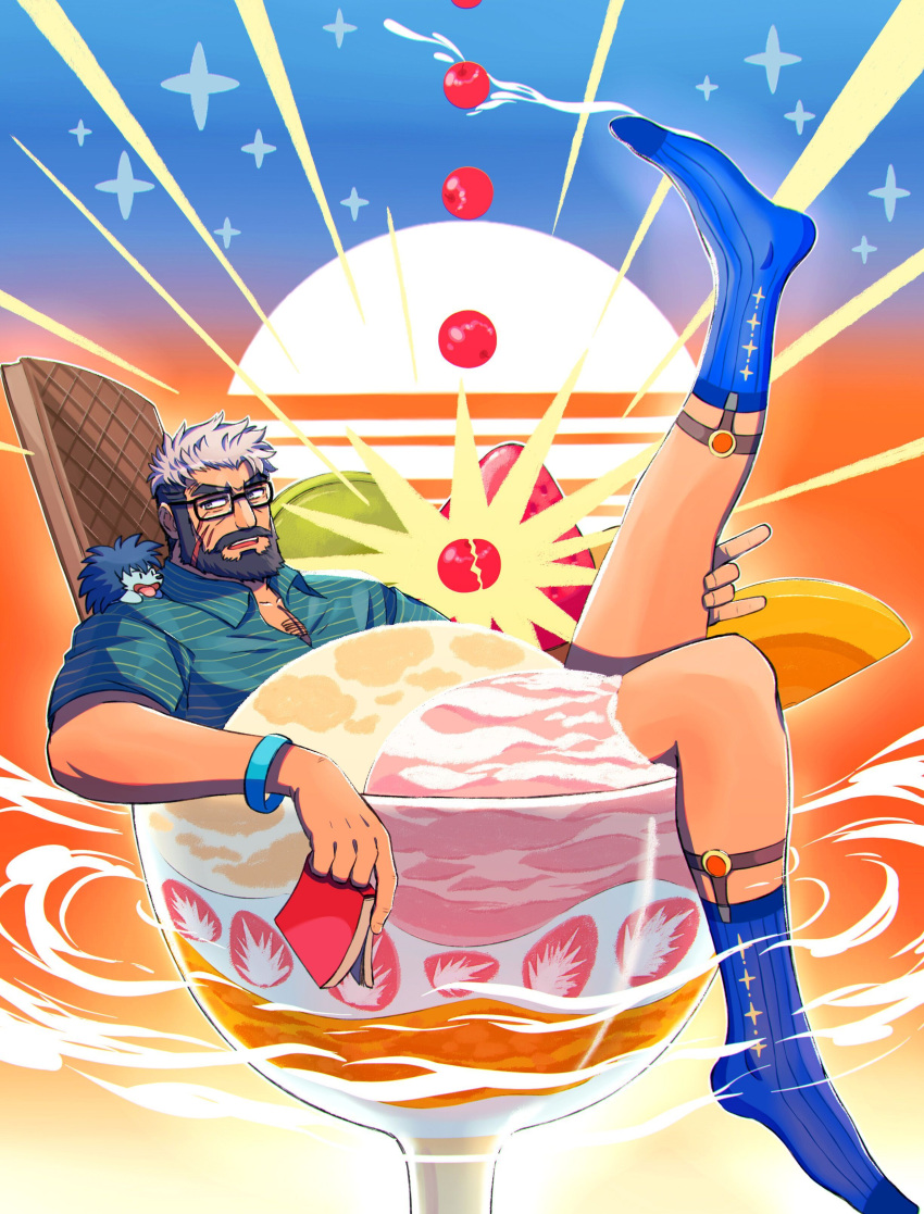 1boy absurdres bara beard borrowed_character cup facial_hair food fruit full_beard full_body glasses grey_hair hidden_hero_(o2h) highres hiwen-d in_container in_cup legwear_garter looking_at_viewer male_focus mature_male mini_person miniboy multicolored_hair muscular muscular_male short_hair socks solo strawberry sun thick_beard thick_eyebrows two-tone_hair