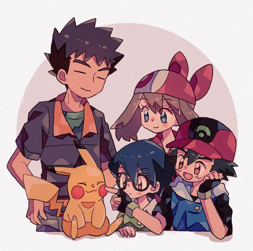 1girl 3boys ash_ketchum bandana black_gloves black_hair blue_eyes blue_hair brock_(pokemon) brown_eyes brown_hair brown_shirt cheek_poking closed_mouth fingerless_gloves glasses gloves green_shirt hair_between_eyes hat highres max_(pokemon) may_(pokemon) mgomurainu multiple_boys open_mouth pikachu pokemon pokemon_(anime) pokemon_(creature) pokemon_rse_(anime) poking red_bandana red_hat red_shirt shirt short_sleeves smile