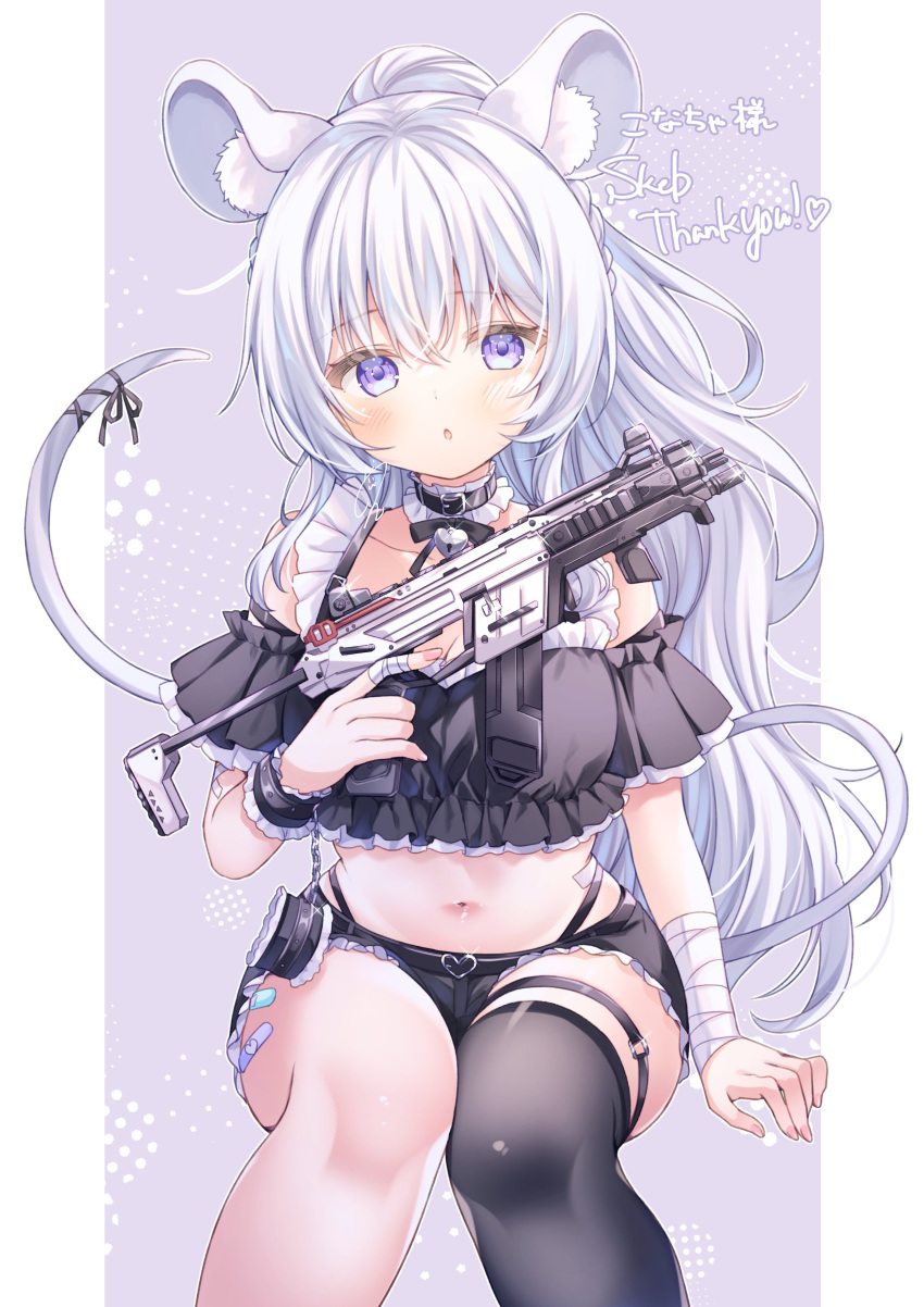 1girl :c absurdres animal_ears apex_legends arm_at_side bandaged_arm bandages bare_shoulders black_collar black_shirt black_shorts black_thighhighs blush collar collarbone commission cowboy cropped_shirt crossed_bangs dot_nose frilled_collar frills gun hair_between_eyes highres holding holding_gun holding_weapon indie_virtual_youtuber kisukekun legs_together long_hair looking_at_viewer midriff mouse_ears mouse_girl navel off-shoulder_shirt off_shoulder open_mouth outline purple_background purple_eyes r-99_smg second-party_source shirt short_shorts shorts sidelocks simple_background single_thighhigh skeb_commission solo stomach submachine_gun thighhighs weapon white_hair white_outline yamane_nemu_(vtuber)