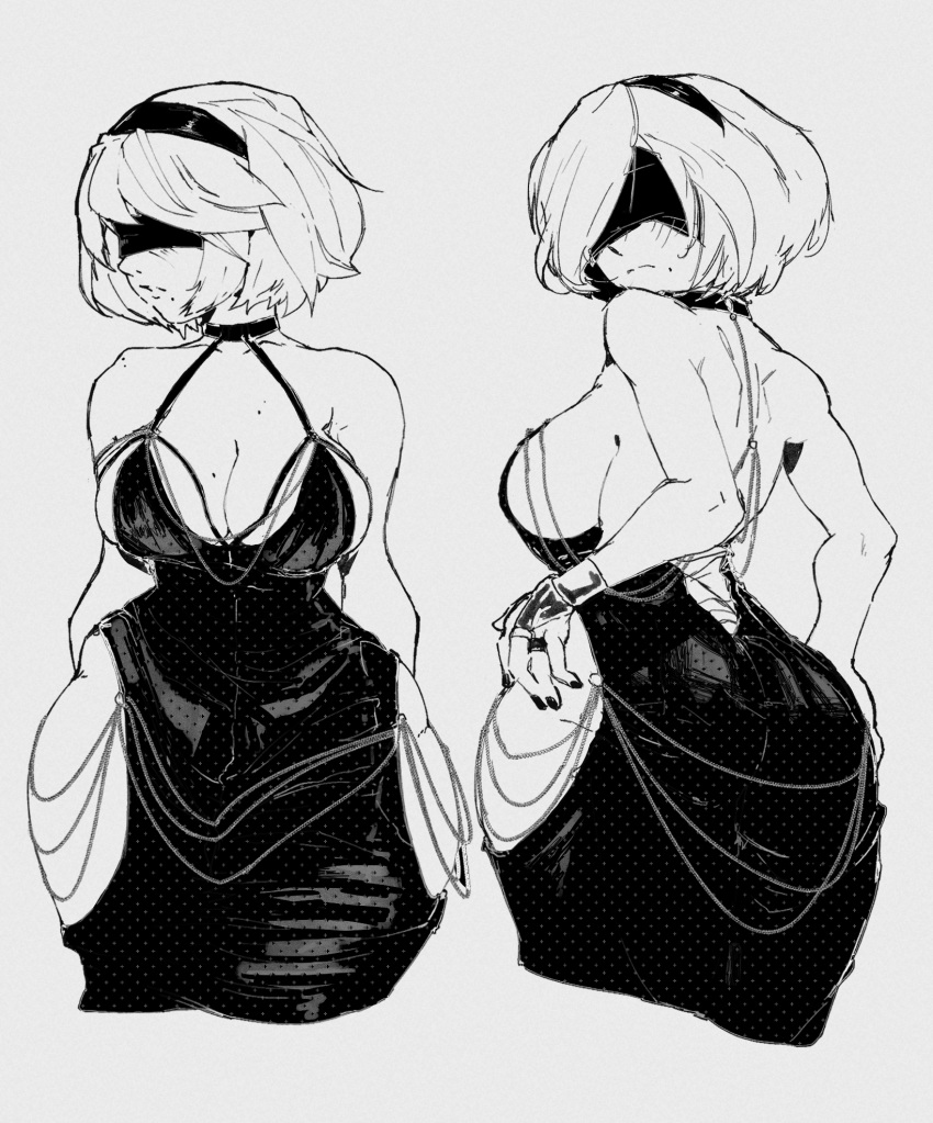 2b_(nier:automata) alternate_costume ass ass_focus bare_shoulders blindfold breasts choker commentary_request cropped_legs dress guidelli hairband high_contrast highres hip_vent large_breasts monochrome multiple_views nier:automata nier_(series) photo-referenced short_hair simple_background thighs white_background wide_hips