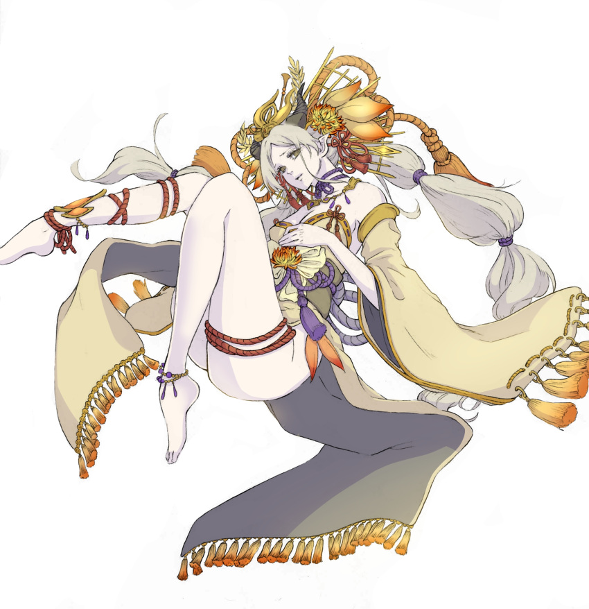 1girl absurdly_long_hair barefoot blonde_hair breasts cleavage closed_mouth commentary_request crown detached_sleeves floating flower gorget hair_ornament hair_scrunchie head_tilt highres horns japanese_clothes kimono long_hair looking_at_viewer lotus medium_breasts monster_hunter_(series) monster_hunter_rise no_pupils pale_skin personification pointy_ears pursed_lips rope ruri_(ruriblackrose001) scrunchie simple_background solo tassel thunder_serpent_narwa twintails very_long_hair white_background yellow_eyes yellow_flower
