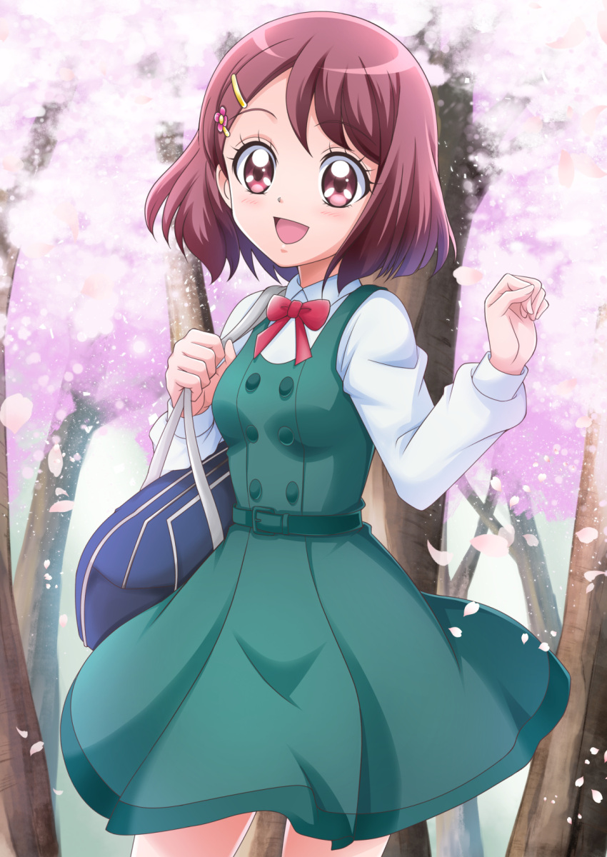 1girl bag bob_cut bow bowtie brown_eyes brown_hair carrying cherry_blossoms commentary day dress dress_shirt green_dress hair_ornament hairclip hanadera_nodoka hanzou healin'_good_precure highres long_sleeves looking_at_viewer open_mouth outdoors pinafore_dress precure red_bow red_bowtie school_bag school_uniform shirt short_dress short_hair sleeveless sleeveless_dress smile solo standing sukoyaka_middle_school_uniform tree white_shirt wing_collar