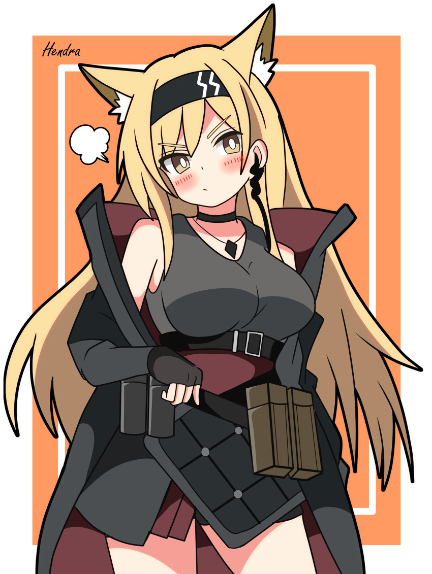 1girl absurdres animal_ear_fluff animal_ears arknights black_hairband black_jacket black_skirt black_tank_top blonde_hair blush border breasts cat_ears cat_girl closed_mouth contrapposto dot_nose hair_between_eyes hairband hand_on_own_hip hendra highres horn_(arknights) inset_border jacket jewelry large_breasts legs_apart long_sleeves looking_at_viewer open_clothes open_jacket orange_background outside_border pendant puff_of_air red_jacket shirt signature simple_background skirt sleeveless sleeveless_shirt solo tank_top two-sided_fabric two-sided_jacket v-shaped_eyebrows white_border yellow_eyes