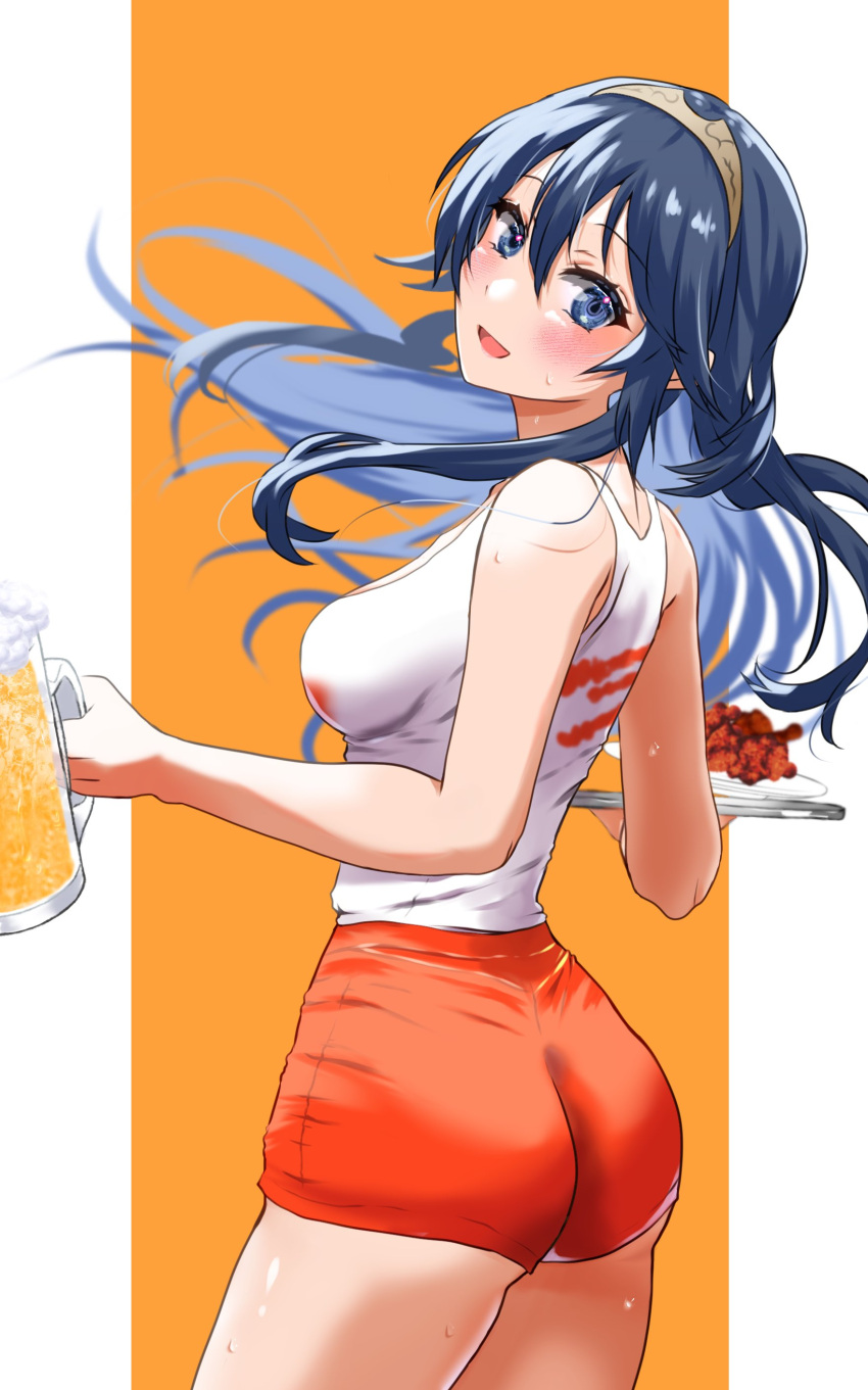 1girl absurdres alcohol ass beer beer_mug blue_eyes blue_hair chicken_wing cup employee_uniform fire_emblem fire_emblem_awakening highres hooters lucina_(fire_emblem) mu_tu_bu mug no_legwear orange_shorts short_shorts shorts smile solo uniform waitress