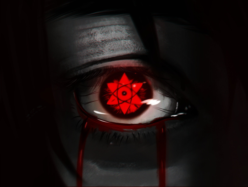 1boy absurdres blood blood_from_eyes close-up crain1art eye_focus highres looking_at_viewer male_focus mangekyou_sharingan monochrome naruto_(series) naruto_shippuuden red_eyes sharingan solo symbol_in_eye uchiha_sasuke