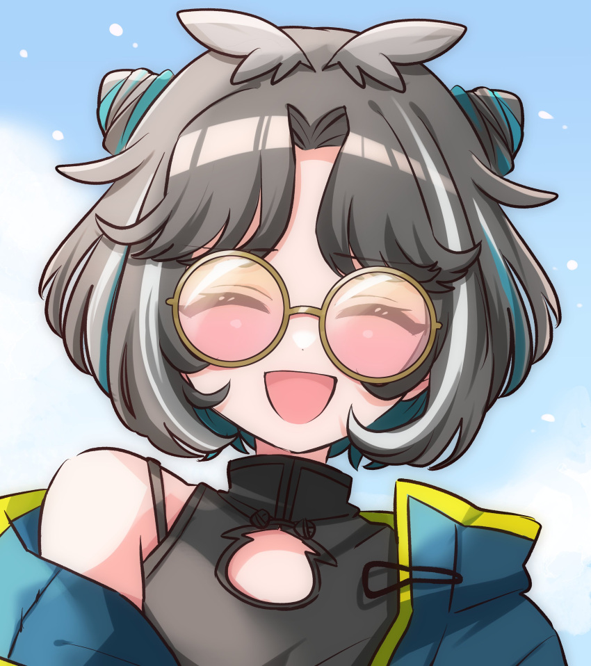 1girl :d absurdres black_shirt blue_background blue_coat blue_hair blush brown-framed_eyewear closed_eyes coat commentary_request cone_hair_bun double_bun glasses grey_hair hair_bun highres kino_haruc medium_bangs multicolored_hair nanashi_inc. open_clothes open_coat open_mouth oura_rukako oura_rukako_(2nd_costume) parted_bangs pink-tinted_eyewear round_eyewear shirt short_hair sleeveless sleeveless_shirt smile solo streaked_hair tinted_eyewear upper_body virtual_youtuber white_hair