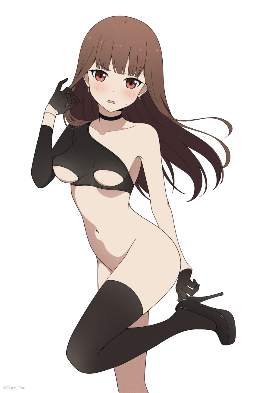 1girl absurdres black_choker black_footwear black_thighhighs blush bottomless bracelet breasts brown_eyes brown_hair choker clothing_cutout collarbone coro_fae crop_top earrings high_heels highres iino_miko jewelry kaguya-sama_wa_kokurasetai_~tensai-tachi_no_renai_zunousen~ leg_up long_hair long_sleeves looking_at_viewer medium_breasts navel open_mouth simple_background single_bare_shoulder solo standing standing_on_one_leg stomach thighhighs underboob underboob_cutout v-shaped_eyebrows white_background