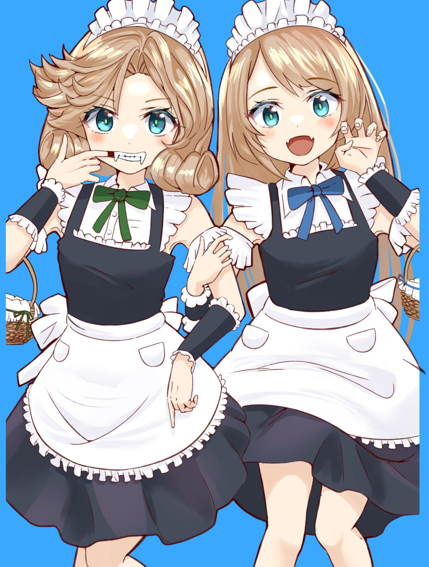 2girls alternate_costume apron black_dress blonde_hair blue_background blue_eyes blue_ribbon blush bow dress fangs feet_out_of_frame green_ribbon grin happy_halloween headdress highres janus_(kancolle) jervis_(kancolle) kantai_collection long_hair multiple_girls open_mouth orange_bow ribbon sakurai_nana_(moshichi) short_hair simple_background skin_fangs smile white_apron