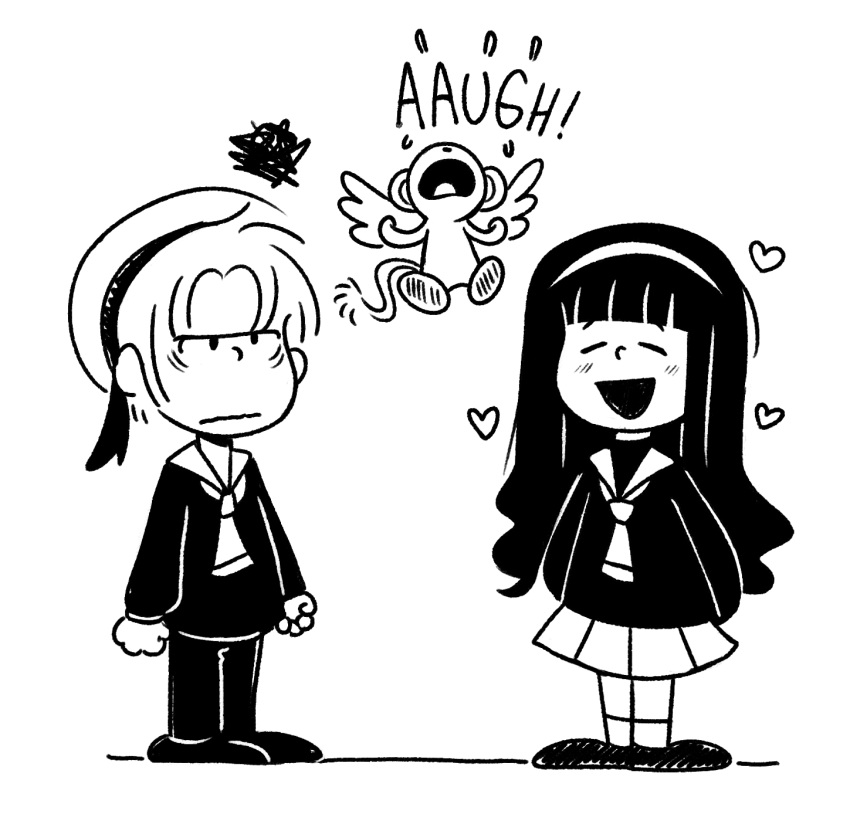 1boy 1girl cardcaptor_sakura charles_schulz_(style) daidouji_tomoyo hat highres kero_(cardcaptor_sakura) li_syaoran lineart lion_cub long_hair monochrome pants parody peanuts_(comic) pleated_skirt richie_piacentini sailor_collar sailor_hat sailor_shirt school_uniform serafuku shirt short_hair skirt standing style_parody tomoeda_elementary_school_uniform