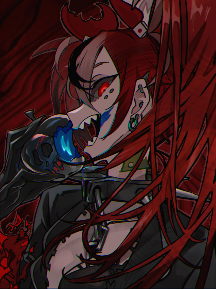 1girl :d animal_ears black_gloves black_hair breasts choker ear_piercing eye_piercing gloves hakos_baelz highres hololive hololive_english long_hair looking_at_viewer mouse_ears multicolored_hair notched_ear piercing red_eyes red_hair sharp_teeth smile solo spiked_choker spikes teeth toro3 virtual_youtuber white_hair