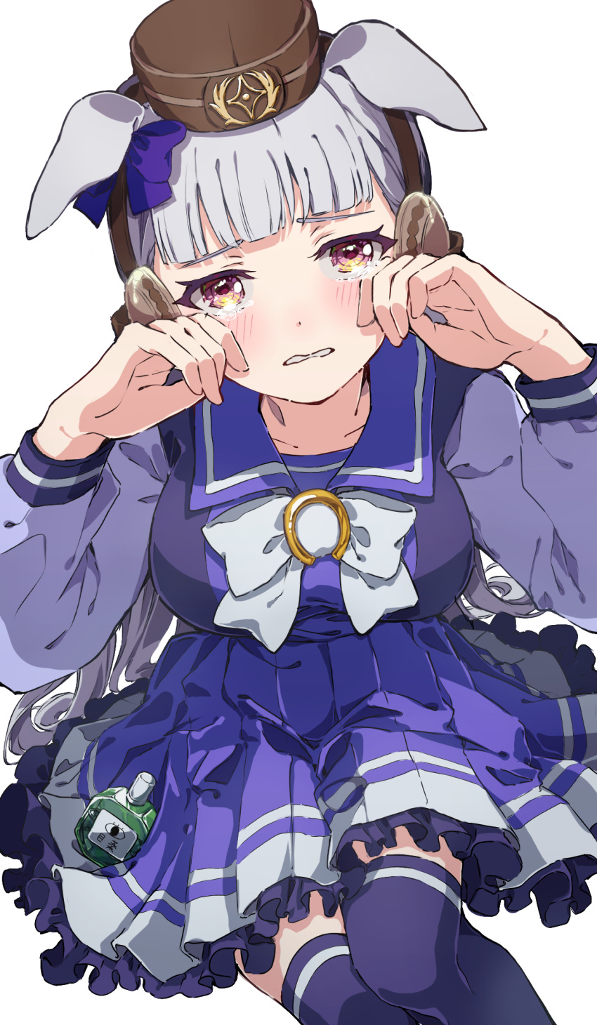 1girl animal_ears bow brown_hat commentary_request crying crying_with_eyes_open ear_bow gold_ship_(umamusume) grey_hair highres horse_ears horse_girl horse_tail komeko97 long_sleeves looking_at_viewer pillbox_hat pleated_skirt purple_bow purple_serafuku purple_shirt purple_skirt purple_thighhighs sailor_collar school_uniform serafuku shirt simple_background skirt solo tail tears thighhighs tracen_school_uniform umamusume white_background white_bow winter_uniform yellow_eyes