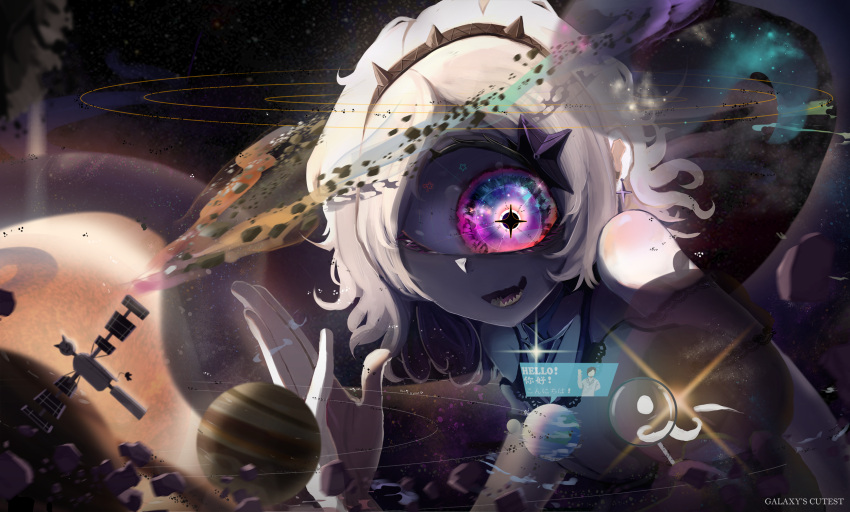 1girl asteroid baozha_agong bare_shoulders black_hairband bra_strap chinese_commentary commentary_request dangle_earrings debris dress earrings earth_(planet) eldritch_abomination face_in_shadow giant giantess glint hair_ornament hairband highres jewelry jupiter_(planet) looking_down medium_hair milky_way monster_girl moon nebula one-eyed orbital_path original pale_skin planet purple_eyes purple_ribbon ribbon satellite sharp_teeth smile solo space speech_bubble star-shaped_pupils star_(sky) star_(symbol) sun symbol-shaped_pupils teeth translation_request waving white_dress white_hair