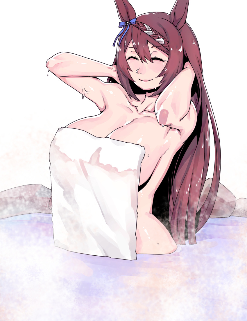 1girl absurdres alternate_costume animal_ears armpits bathing blush bow breasts brown_hair cleavage closed_eyes closed_mouth commentary_request ear_bow highres horse_ears horse_girl horse_tail large_breasts long_hair minew multicolored_hair naked_towel onsen partially_submerged simple_background smile solo steam streaked_hair super_creek_(umamusume) tail towel umamusume very_long_hair water wet white_background white_hair white_towel