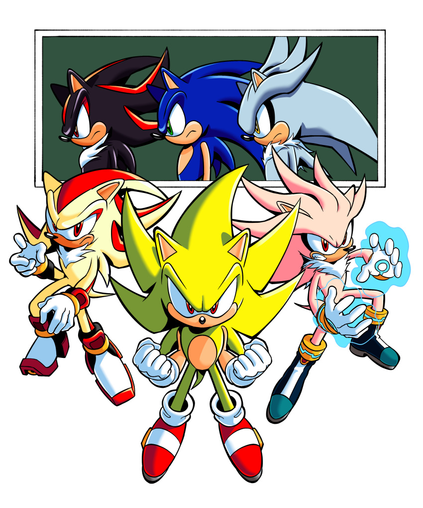 absurdres aura black_footwear black_fur blue_fur clenched_hands clenched_teeth dragon_ball dragon_ball_z energy fighting_stance from_side full_body green_background green_eyes grey_fur highres kolsanart parody red_eyes red_footwear shadow_the_hedgehog shoes silver_the_hedgehog simple_background sonic_(series) sonic_the_hedgehog super_shadow super_silver super_sonic teeth white_background yellow_eyes yellow_fur