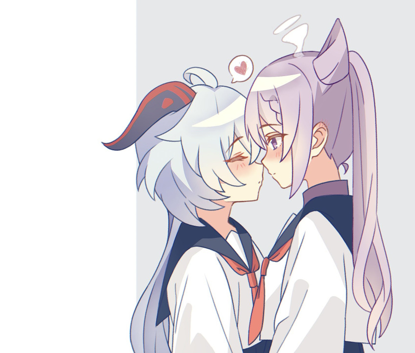 2girls black_sailor_collar blue_hair blush closed_eyes closed_mouth commentary_request cone_hair_bun contemporary ganyu_(genshin_impact) genshin_impact grey_background hair_bun heart highres horns imminent_kiss keqing_(genshin_impact) multiple_girls neckerchief purple_eyes purple_hair red_neckerchief sailor_collar school_uniform serafuku shirt spoken_heart twintails two-tone_background upper_body white_background white_shirt wu_qin_(gyxx_04) yuri