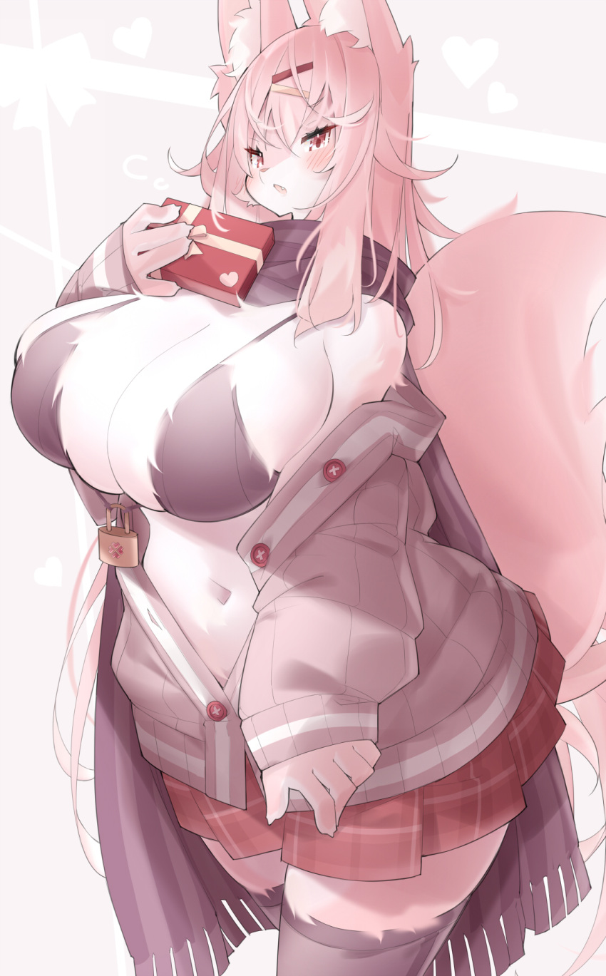 1girl animal_ear_fluff animal_ears black_bra black_scarf black_thighhighs blush bra breasts cleavage fox_ears fox_girl fox_tail furry furry_female gift grey_jacket hair_ornament heart heart_background highres holding holding_gift jacket koha large_breasts lock long_hair looking_at_viewer navel open_clothes open_jacket open_mouth original pink_fur pink_hair red_eyes red_skirt scarf skirt solo tail thighhighs underwear white_background