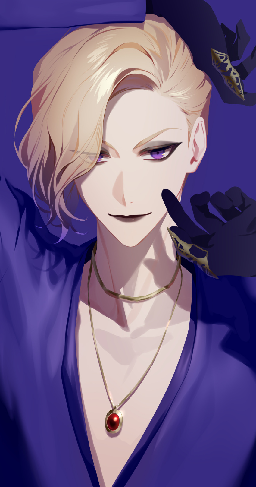 13_(bbr584607091) 1boy absurdres arm_up black_lips blonde_hair commentary eyes_visible_through_hair eyeshadow gloves hair_over_one_eye highres jewelry lipstick looking_at_viewer makeup male_focus necklace plunging_neckline purple_eyes purple_gloves purple_shirt shirt short_hair solo symbol-only_commentary twisted_wonderland vil_schoenheit