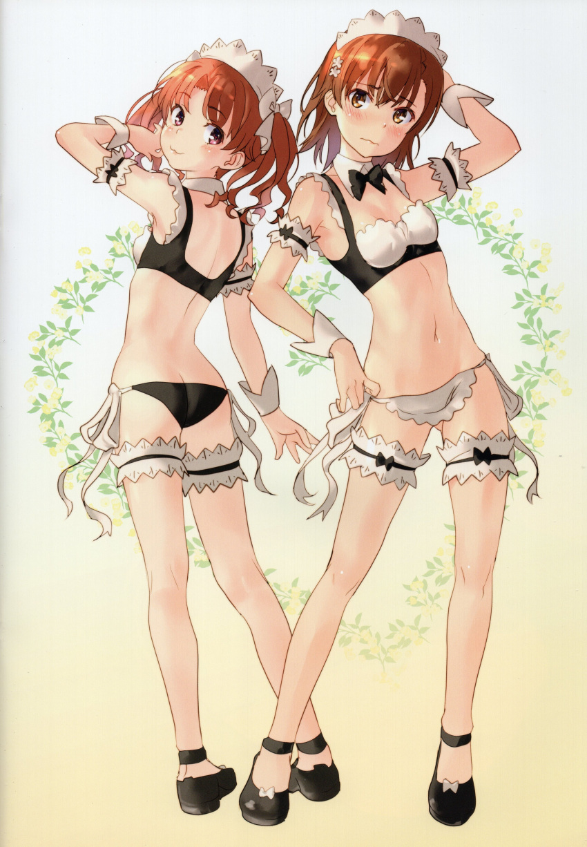 2girls absurdres ass bare_shoulders bikini blush breasts brown_eyes brown_hair butt_crack detached_collar embarrassed flower from_behind gradient_background hair_ornament highres lips long_hair looking_at_viewer looking_back maid maid_bikini maid_headdress misaka_mikoto multiple_girls navel raika9 ribbon scan shiny_skin shirai_kuroko shoes short_hair simple_background small_breasts smile stomach swimsuit thighhighs thighs toaru_kagaku_no_railgun toaru_majutsu_no_index twintails unconventional_maid wrist_cuffs