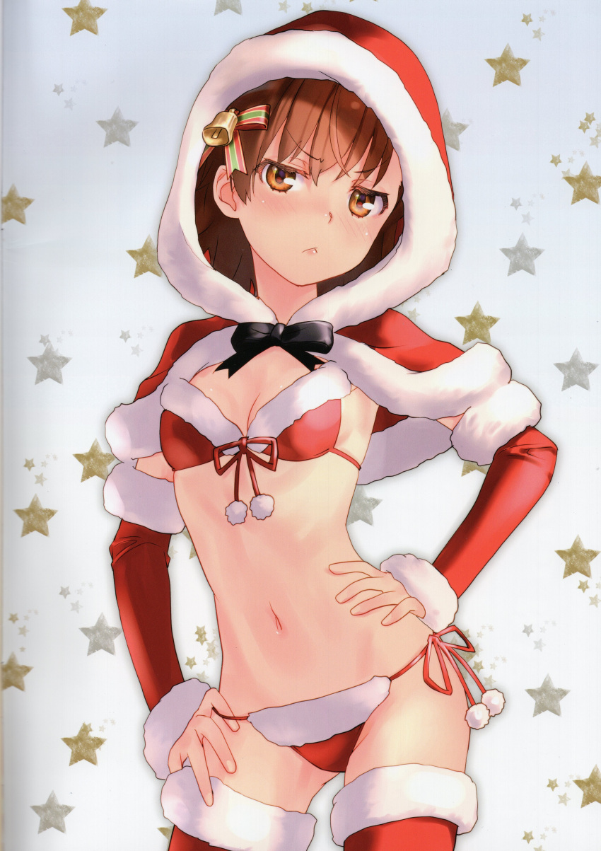 1girl absurdres arm_warmers bikini blush breasts brown_eyes brown_hair capelet closed_mouth front-tie_bikini_top front-tie_top fur_trim hair_ornament hands_on_own_hips highres hood looking_at_viewer misaka_mikoto pom_pom_(clothes) raika9 ribbon santa_bikini scan shiny_skin short_hair side-tie_bikini_bottom small_breasts solo star_(symbol) swimsuit thighhighs toaru_kagaku_no_railgun toaru_majutsu_no_index