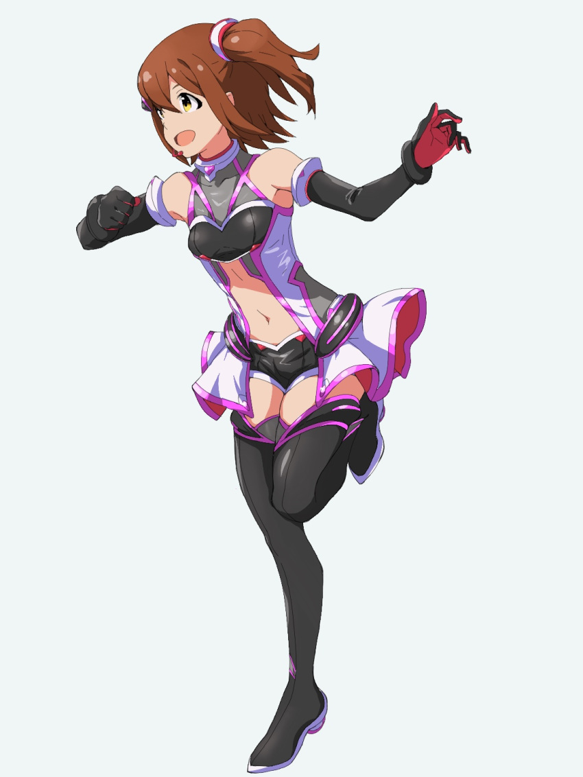 1girl :d armpits bare_shoulders black_footwear black_gloves boots breasts brown_hair clothing_cutout detached_sleeves dot_nose full_body gloves hair_between_eyes hair_tie highres idolmaster idolmaster_million_live! idolmaster_million_live!_theater_days kasuga_mirai long_sleeves navel_cutout nejime_(nejimeinu) neon_trim official_alternate_costume open_mouth short_hair shorts side_ponytail sidelocks simple_background small_breasts smile solo standing standing_on_one_leg thigh_boots yellow_eyes zettai_ryouiki