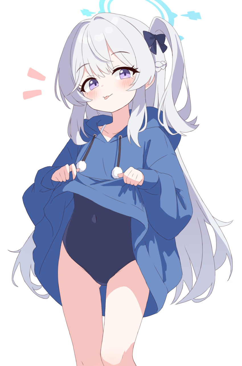 1girl :p absurdres black_one-piece_swimsuit blue_archive blue_hoodie blush closed_mouth clothes_lift covered_navel drawstring feet_out_of_frame hair_intakes halo head_tilt highres hood hood_down hoodie hoodie_lift legs_together lifted_by_self long_hair long_sleeves looking_at_viewer miyako_(blue_archive) miyako_(young)_(blue_archive) no_pants notice_lines one-piece_swimsuit pom_pom_(clothes) purple_eyes side_ponytail sidelocks simple_background smile solo swimsuit swimsuit_under_clothes thigh_gap tongue tongue_out white_background white_hair yukisiannn