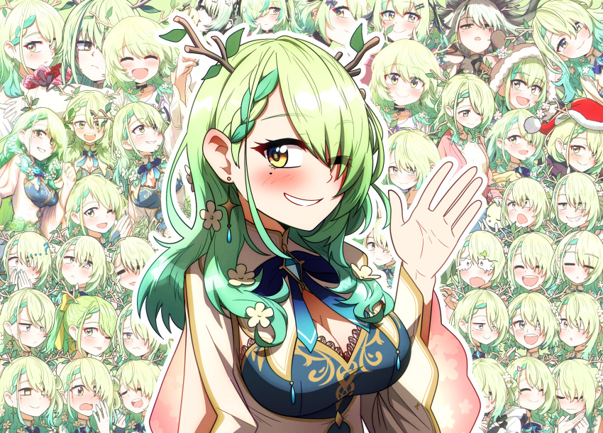 1girl antlers blue_dress blush breasts ceres_fauna ceres_fauna_(1st_costume) chibi chibi_inset cleavage commentary_request ddolbang dress ear_blush earrings flower gradient_hair green_hair grin hair_flower hair_ornament highres hololive hololive_english horns jewelry korean_commentary large_breasts layered_dress long_hair looking_at_viewer mole mole_under_eye multicolored_hair multiple_views smile streaked_hair upper_body virtual_youtuber waving white_dress yellow_eyes