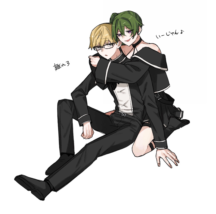 1boy 1girl bare_shoulders black_choker black_dress black_footwear black_jacket black_pants black_shirt black_socks blonde_hair brown_eyes choker collarbone collared_shirt crossed_bangs dress green_hair hair_between_eyes hand_on_floor highres hug jacket land_(sousou_no_frieren) long_hair long_sleeves on_floor open_clothes open_jacket pants pleated_dress purple_eyes shirt side_ponytail sidelocks simple_background sitting sleeveless sleeveless_dress socks sousou_no_frieren speed_lines translation_request ubel_(sousou_no_frieren) wariza white_background yasato83