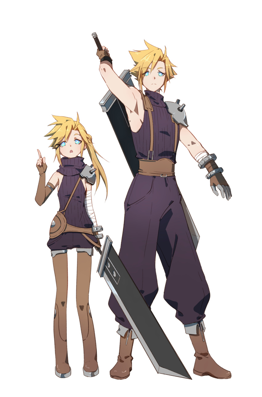 :o absurdres arm_up armor bandaged_arm bandages belt blonde_hair blue_eyes boots bracer bright_pupils brown_footwear brown_gloves buster_sword chinese_commentary cloud_strife commentary_request elbow_gloves expressionless fermium.ice final_fantasy final_fantasy_vii fingerless_gloves genderswap genderswap_(mtf) gloves hand_up height_difference highres holding holding_sword holding_weapon leather_belt long_hair multiple_belts open_mouth pauldrons pointing pointing_up ponytail puffy_pants puffy_shorts purple_sweater short_hair shorts shoulder_armor shoulder_belt simple_background single_elbow_glove single_pauldron sleeveless sleeveless_sweater sleeveless_turtleneck spiked_hair suspenders sweater sword sword_on_back thigh_boots turtleneck turtleneck_sweater weapon weapon_on_back white_background