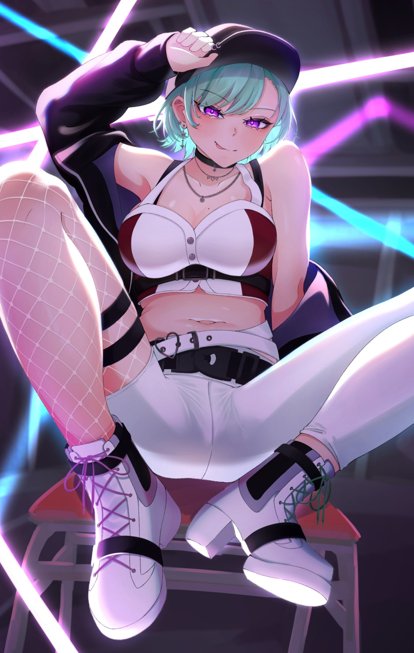 1girl :p absurdres asymmetrical_pants bare_shoulders baseball_cap belt black_hat black_jacket blush bra_strap breasts bustier chest_belt crop_top ear_piercing earrings green_hair hat highres jacket jewelry large_breasts limit_(lim_no_sabuaka) looking_at_viewer loose_belt midriff mole mole_on_breast navel necklace pierced_hat piercing purple_eyes purple_jacket red_bustier short_hair single_leg_pantyhose smile smug solo spread_legs tongue tongue_out virtual_youtuber vspo! white_bustier yakumo_beni yakumo_beni_(4th_costume)