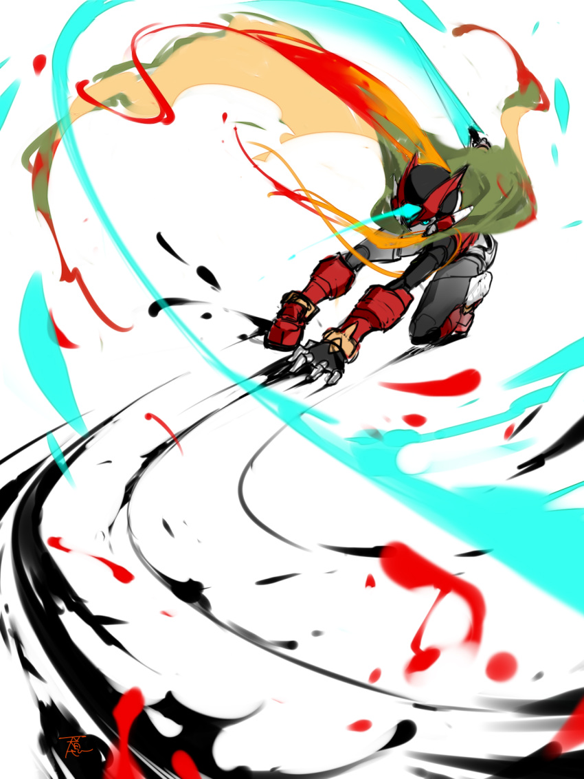1boy amanhecer_eod armor blonde_hair blood energy_sword forehead_jewel glowing glowing_eyes hand_on_ground highres holding holding_sword holding_weapon light_trail long_hair mega_man_(series) mega_man_zero_(series) red_armor red_helmet simple_background sketch slashing solo sword weapon white_background z_saber zero(z)_(mega_man) zero_(mega_man)