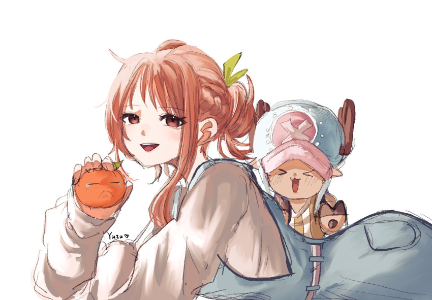 &gt;_&lt; 1boy 1girl antlers blue_overalls blush commentary cross food fruit hair_bun hat highres holding holding_food horns long_sleeves looking_at_viewer lying mandarin_orange nami_(one_piece) on_stomach one_piece orange_eyes orange_hair overalls reindeer_antlers ri_fanart shirt sidelocks simple_background smile striped_clothes striped_shirt tony_tony_chopper vertical-striped_clothes vertical-striped_shirt white_background