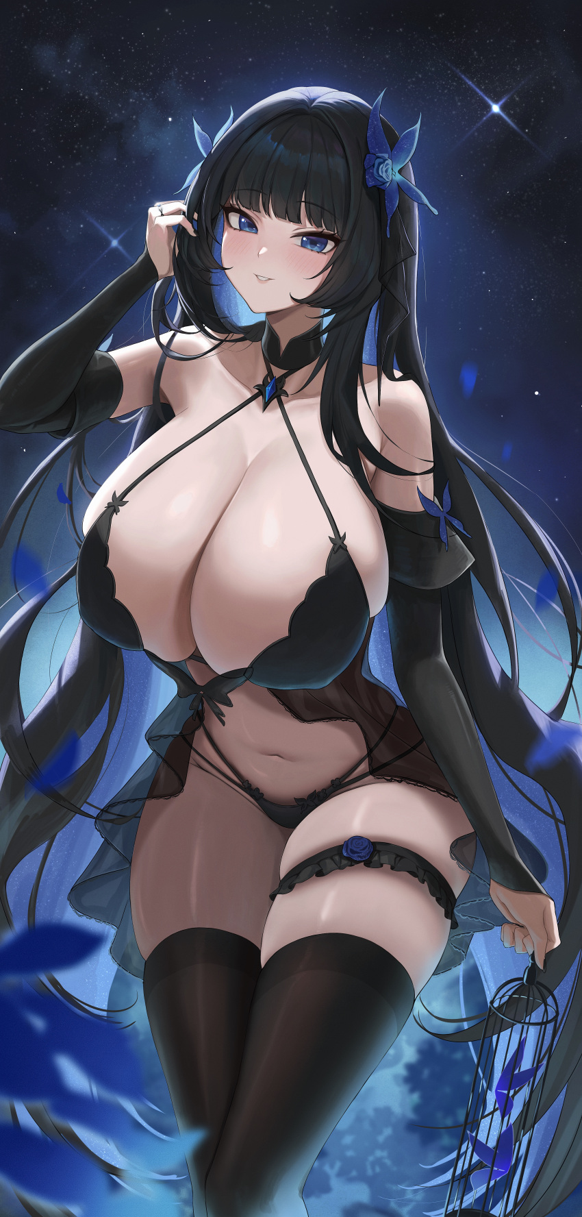 1girl absurdres babydoll bare_shoulders black_hair black_panties black_thighhighs blue_eyes blue_flower blue_hair blush breasts bug butterfly cage cleavage colored_inner_hair criss-cross_halter detached_sleeves flower hair_flower hair_ornament halterneck hand_in_own_hair hand_up highres huge_breasts jewelry leaning_forward looking_at_viewer multicolored_hair navel original panties ring sheng_zhidou skindentation solo standing thigh_strap thighhighs two-tone_hair underwear