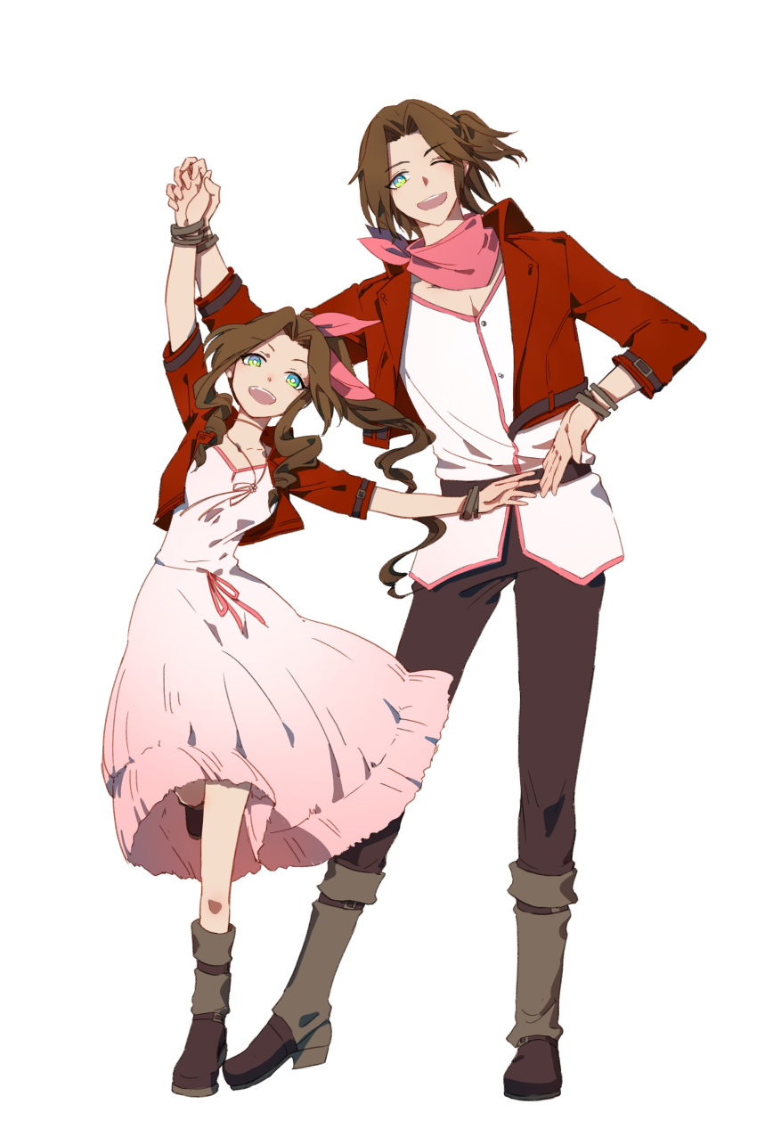 1boy 1girl absurdres aerith_gainsborough arms_up bandana bandana_around_neck belt boots bracelet bright_pupils brown_footwear brown_hair brown_pants chinese_commentary commentary_request cropped_jacket dress dress_ribbon fermium.ice final_fantasy final_fantasy_vii full_body genderswap genderswap_(ftm) green_eyes hair_ribbon happy height_difference highres holding_hands jacket jewelry knee_boots leaning_to_the_side leather_belt leg_up long_dress long_hair looking_at_viewer neck_ribbon one_eye_closed open_clothes open_jacket open_mouth pants parted_bangs pink_bandana pink_dress pink_ribbon pink_shirt ponytail red_jacket ribbon shirt short_sleeves simple_background smile standing teeth upper_teeth_only v-neck wavy_hair white_background