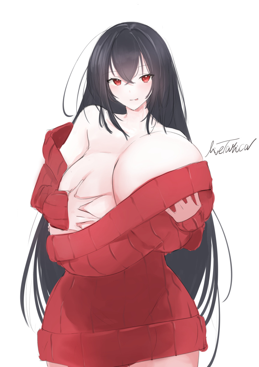 1girl :p alternate_costume artist_name azur_lane bare_shoulders black_hair blush breast_hold breast_lift breasts cleavage cowboy_shot gigantic_breasts grabbing_own_breast hair_between_eyes highres licking_lips livetarica long_hair long_sleeves looking_at_viewer naked_sweater naughty_face off-shoulder_sweater off_shoulder red_eyes red_sweater ribbed_sweater signature simple_background solo standing sweater taihou_(azur_lane) tongue tongue_out unaligned_breasts very_long_hair white_background wide_hips