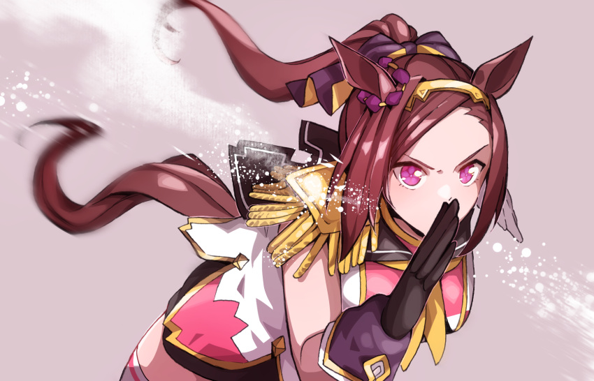 1girl animal_ears black_gloves brown_background brown_hair commentary_request ear_ornament epaulettes flower-shaped_pupils flower_in_eye forehead gloves gold_hairband hairband high_ponytail highres horse_ears horse_girl horse_tail horseshoe_ornament long_hair nanaheibei_3 ponytail purple_eyes running sakura_bakushin_o_(umamusume) shirt skirt sleeveless solo symbol-shaped_pupils symbol_in_eye tail umamusume v-shaped_eyebrows