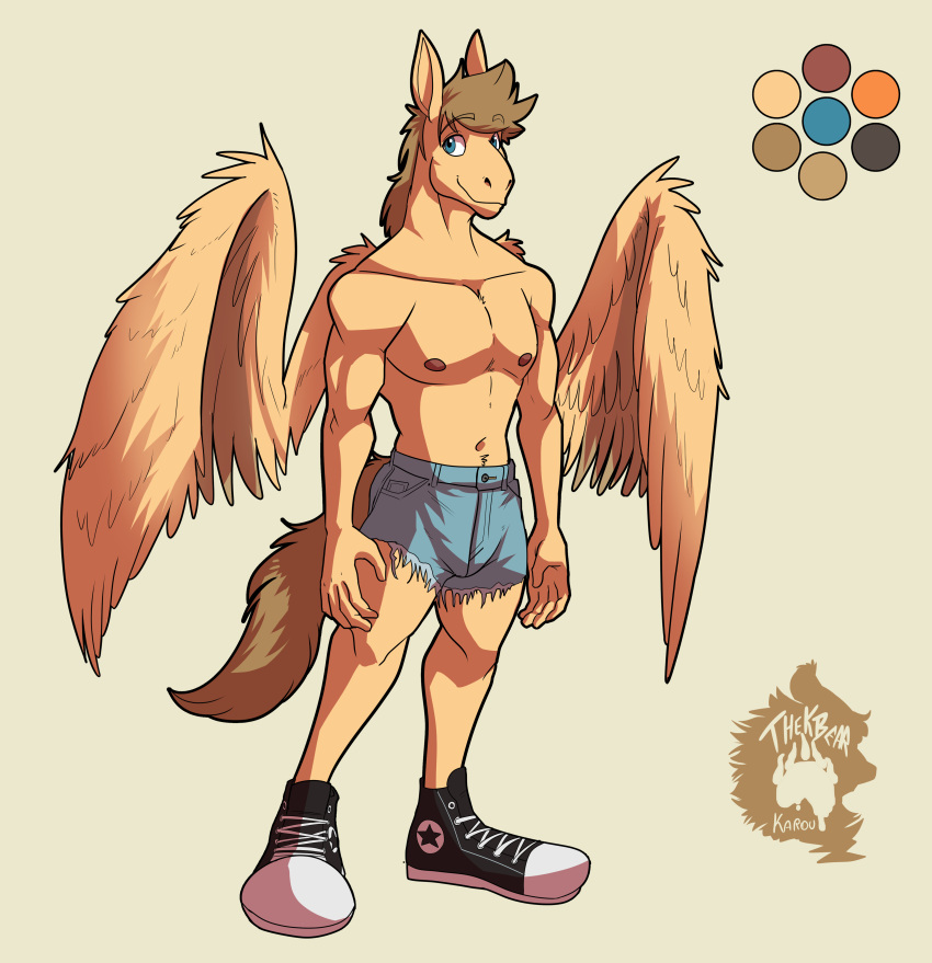 absurd_res anthro clothing equid equine footwear hi_res invalid_tag male male_anthro mammal mythological_creature mythological_equine mythology nipples pegasus shoes shorts_only solo tail thekinkybear wings