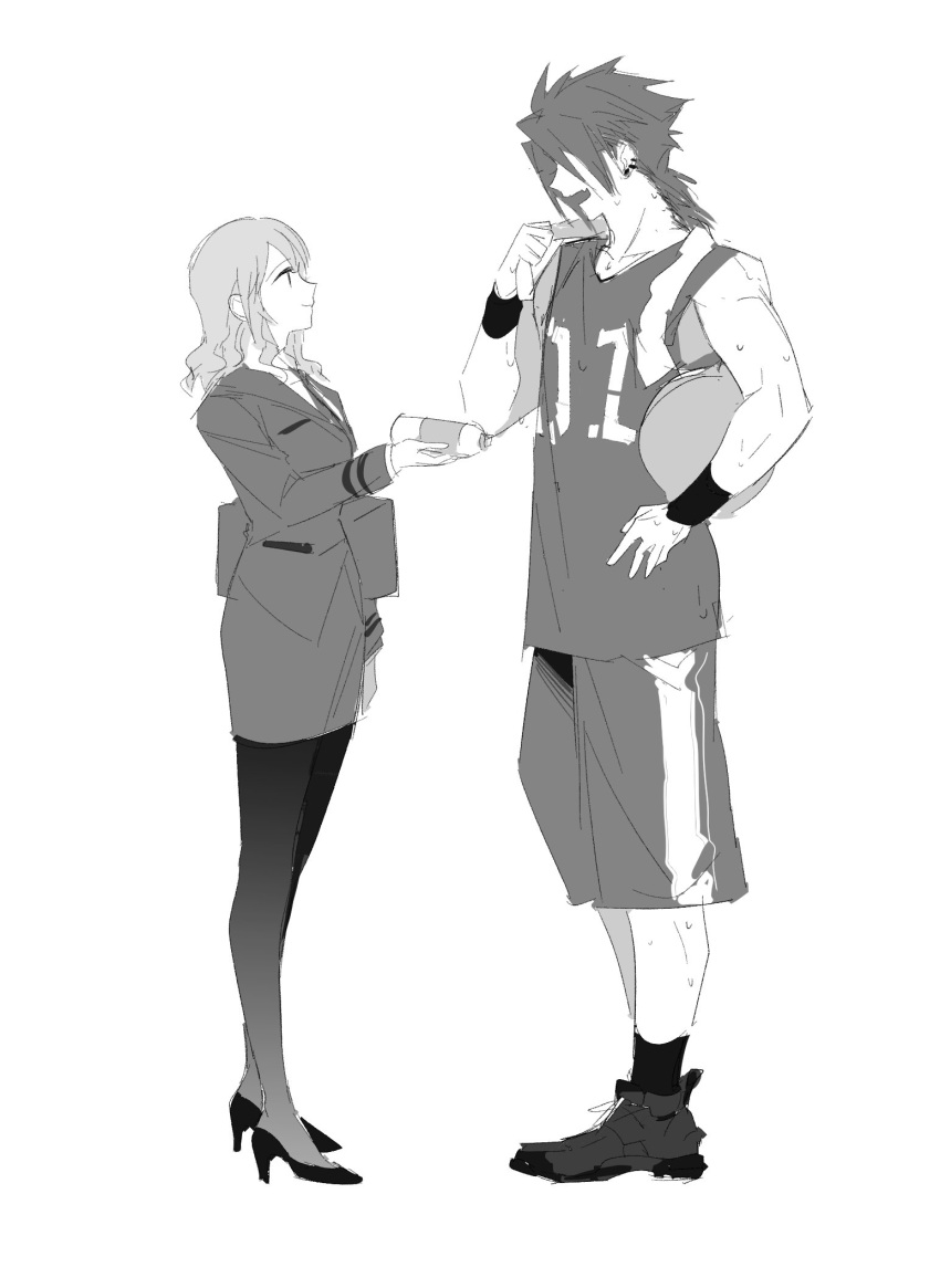 1boy 1girl alternate_universe bare_shoulders basket basketball_jersey basketball_uniform black_footwear black_pantyhose black_wristband bottle breasts cissnei crisis_core_final_fantasy_vii duoj_ji earrings final_fantasy final_fantasy_vii full_body greyscale hair_slicked_back high_heels highres holding holding_basket holding_bottle jacket jewelry looking_at_another medium_breasts medium_hair monochrome multiple_earrings open_mouth pant_suit pants pantyhose pumps sketch smile sportswear standing suit suit_jacket sweat tank_top wavy_hair white_background zack_fair