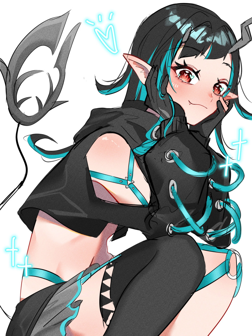 1girl absurdres asymmetrical_gloves black_gloves black_hair black_jacket black_thighhighs blue_hair blue_panties blush closed_mouth clothing_cutout commentary_request cropped_jacket cross-laced_clothes cross-laced_sleeves demon_girl demon_horns demon_tail fang fang_out feet_out_of_frame gloves grey_skirt hands_on_own_cheeks hands_on_own_face highleg highleg_panties highres horns jacket long_hair long_sleeves looking_at_viewer ma~chabin medium_bangs multicolored_hair nanashi_inc. panties partially_fingerless_gloves pointy_ears red_eyes shishio_chris shishio_chris_(1st_costume) shoulder_cutout simple_background single_thighhigh skirt smile solo squatting tail thighhighs two-tone_hair underwear virtual_youtuber white_background