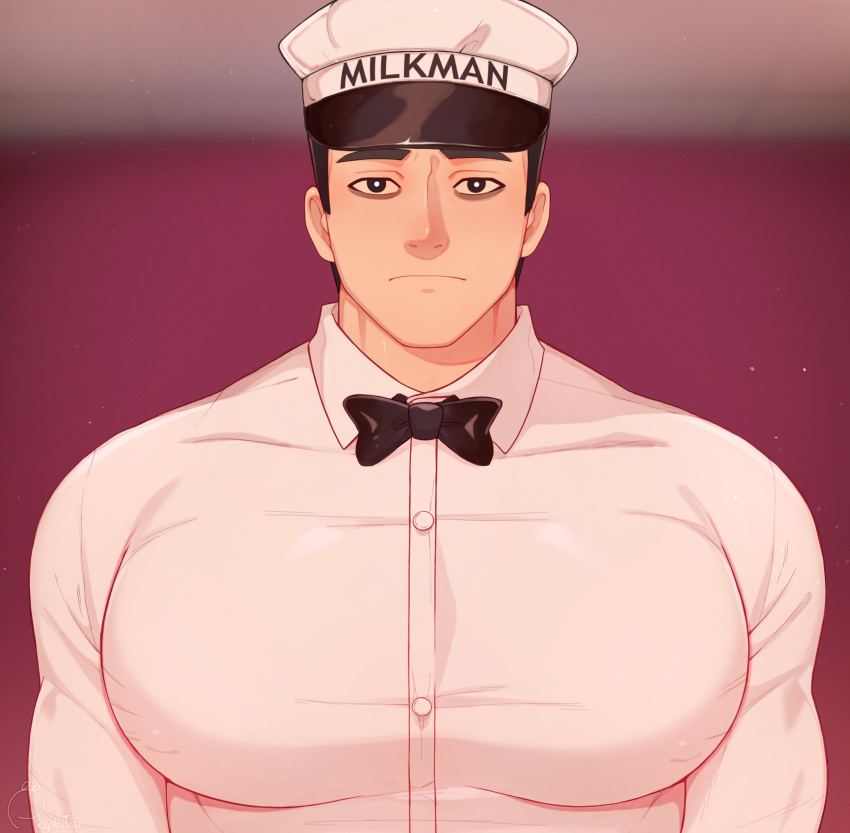 1boy absurdres bara black_hair blurry blurry_background bow bowtie closed_mouth collared_shirt francis_mosses hat highres large_pectorals looking_at_viewer male_focus muscular muscular_male pectorals rapbitan shirt short_hair solo that's_not_my_neighbor white_shirt
