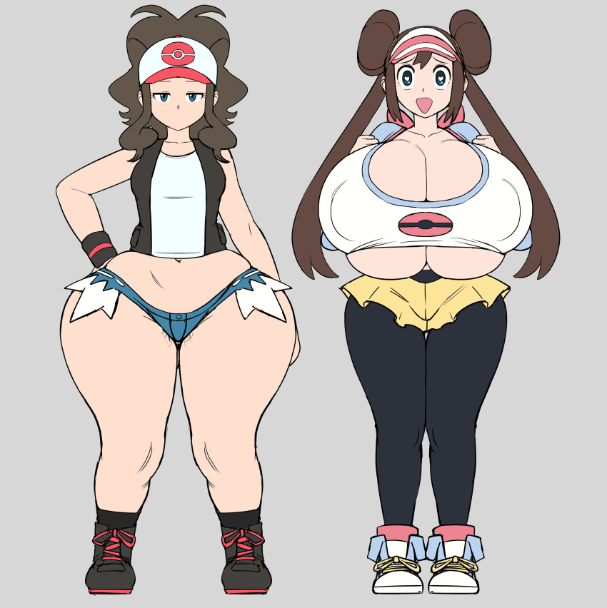 2girls absurdres ass breasts brown_hair cleavage covered_nipples crop_top curvy frown greyimpaction hair_bun heart heart_in_eye highres hilda_(pokemon) huge_ass huge_breasts huge_nipples midriff multiple_girls navel pokemon pokemon_bw pokemon_bw2 rosa_(pokemon) short_shorts shorts stomach symbol_in_eye thick_thighs thighs underboob wide_hips