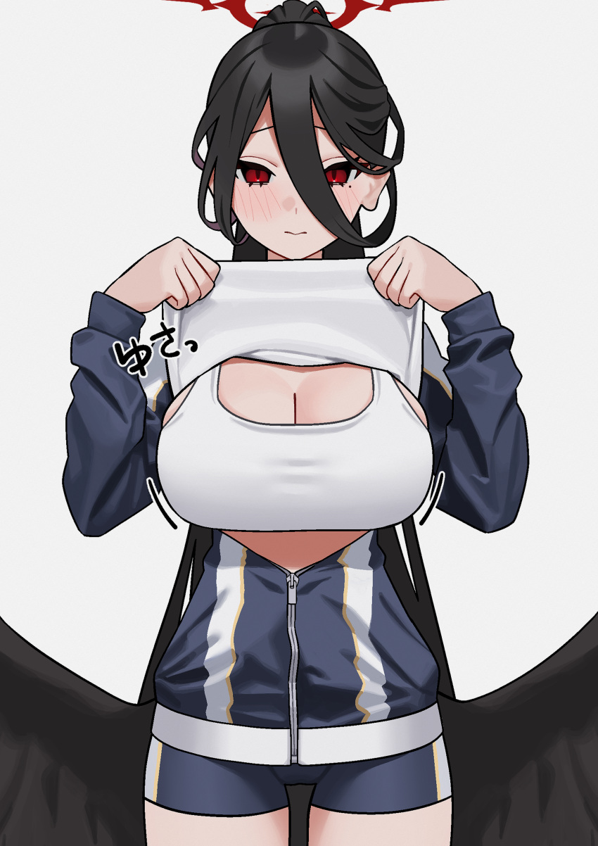 1girl absurdres black_hair black_wings blue_archive blush breasts cleavage feathered_wings fffukuzawa halo hasumi_(blue_archive) hasumi_(track)_(blue_archive) highres huge_breasts jacket lifted_by_self long_hair long_hair_between_eyes looking_at_viewer mole mole_under_eye official_alternate_costume partially_unzipped ponytail red_eyes shirt simple_background solo sports_bra track_jacket very_long_hair white_background white_shirt white_sports_bra wings