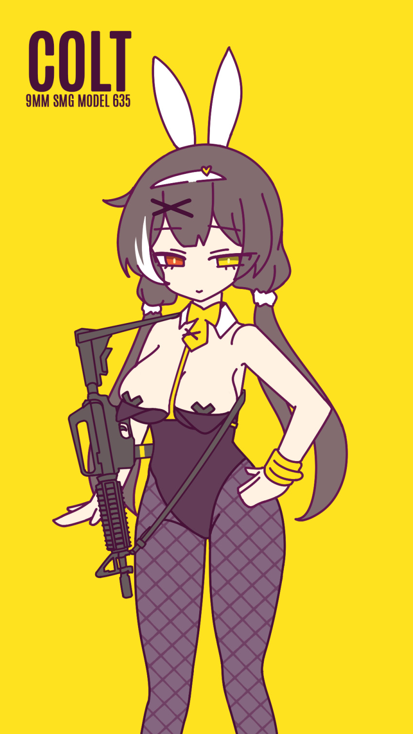 1girl animal_ears bare_shoulders black_hair breasts detached_collar english_text fishnet_pantyhose fishnets girls'_frontline gun hair_ornament hairclip hand_on_own_hip heterochromia highres long_hair looking_at_viewer necktie pantyhose pasties playboy_bunny rabbit_ears rabbit_hole_(vocaloid) red_eyes ro635_(girls'_frontline) simple_background snafu_(snafy_snu) solo twintails weapon white_hair yellow_background yellow_eyes